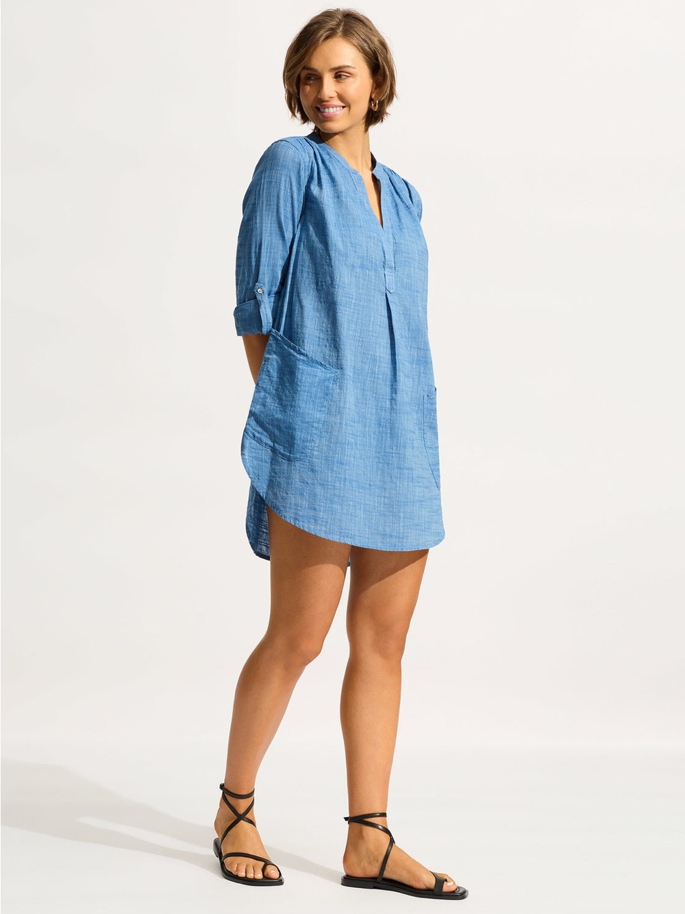 Seafolly NWT Boyfriend Beach Shirt L Blue Chambray Cotton Coverup Tunic Dress